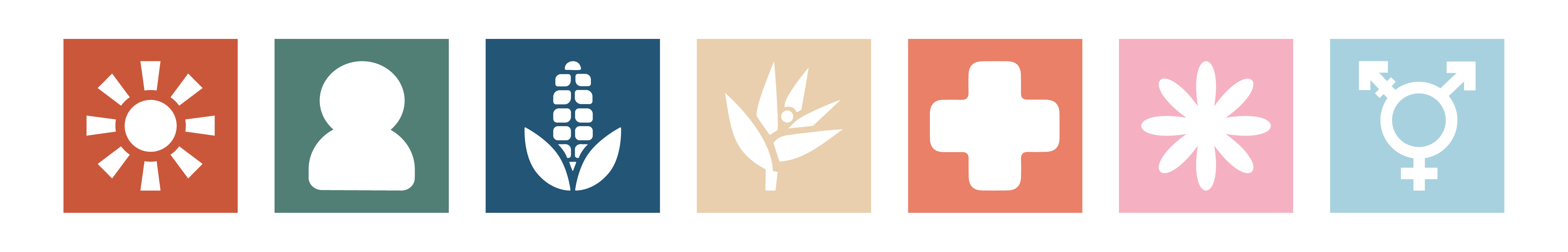 Iconografía de GALA: sol, persona, maíz, planta, cruz de salud, flor y símbolo trans